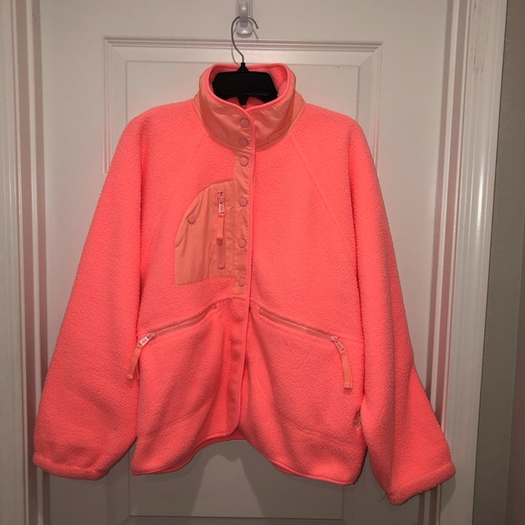 New FP Movement by Free People Neon Coral Hit The Slopes Fleece Jacket Coat sz L - Picture 3 of 7